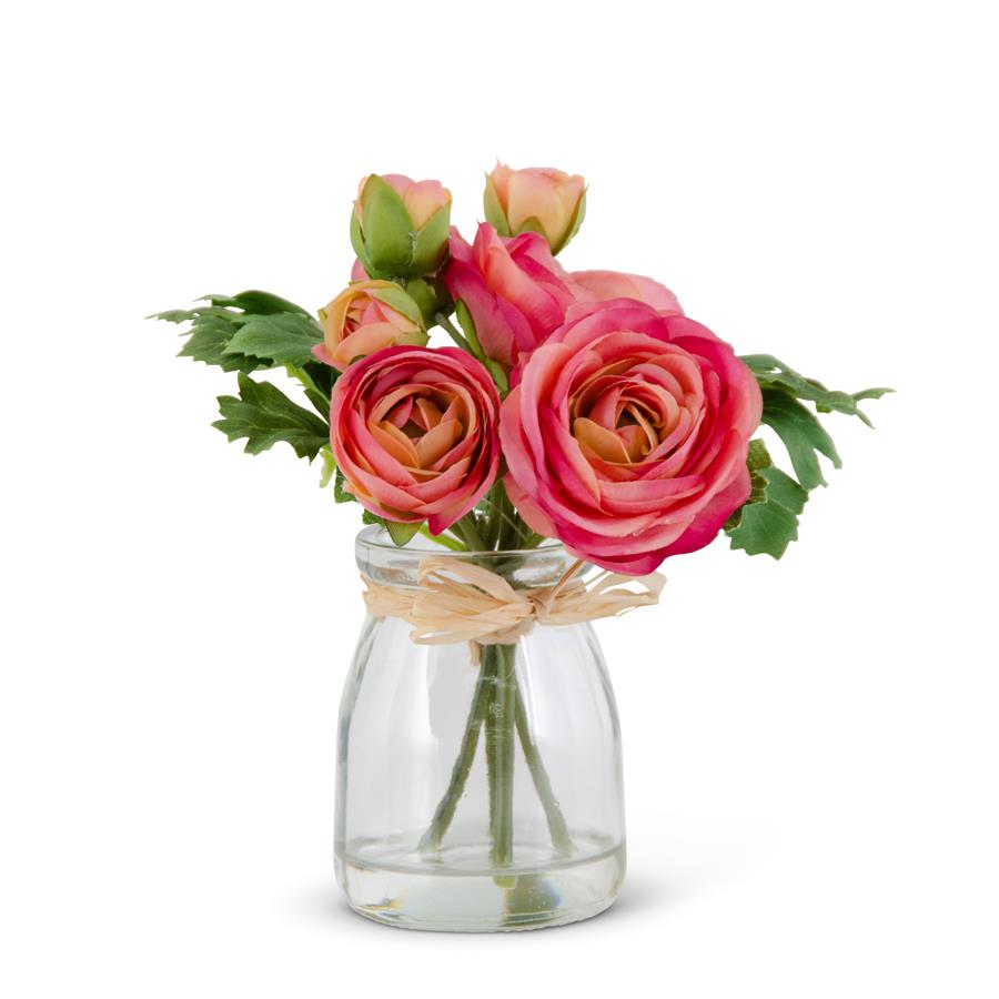 Faux Ranunculus Flowers in Glass Vase - Pink