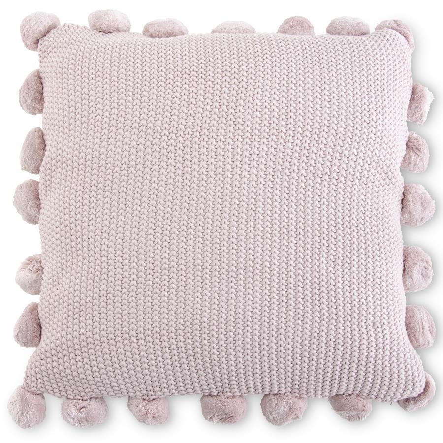 Pink Moss Stitch Knit Pillow with Pompom Trim