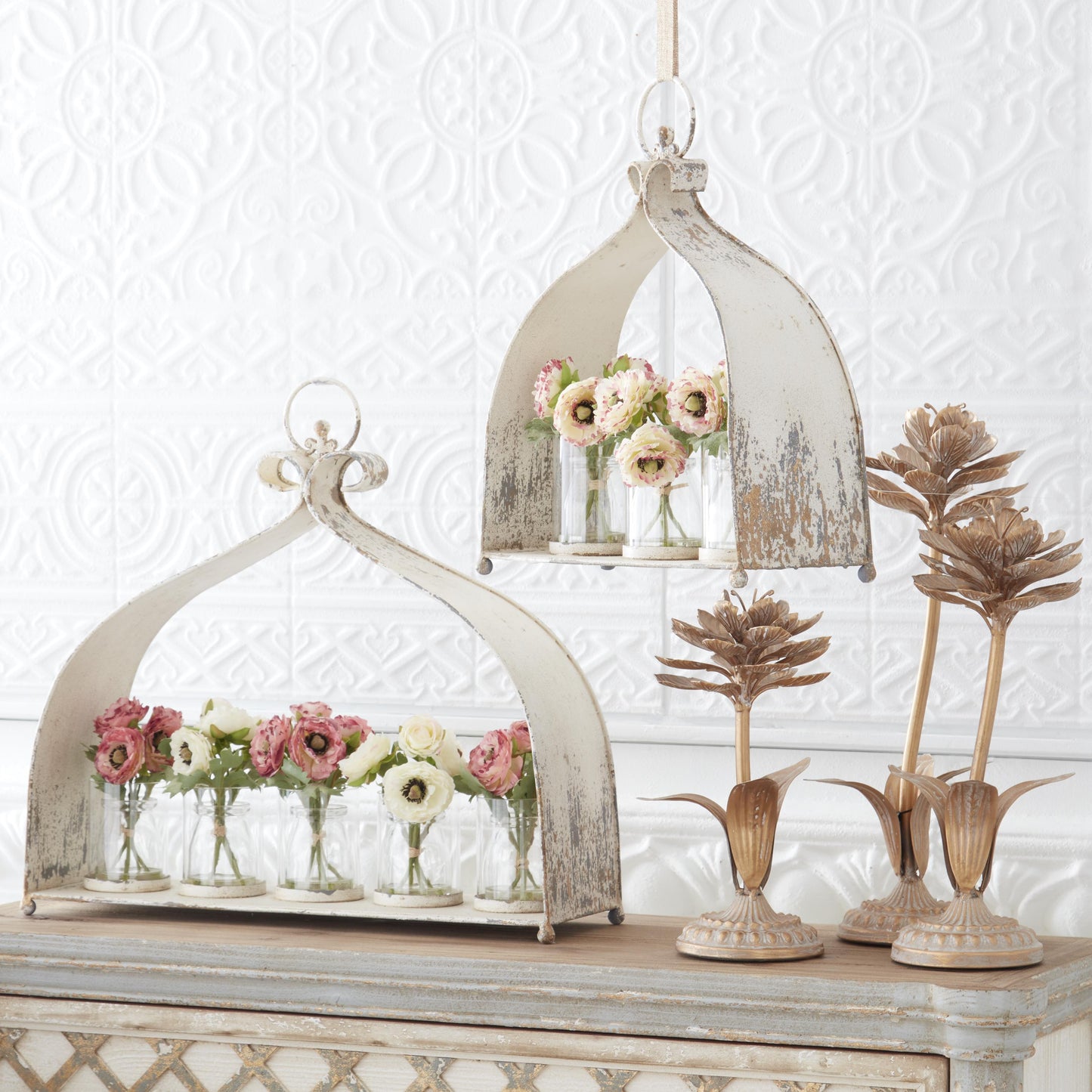 Glass Vase with Faux Water & White Ranunculus Set