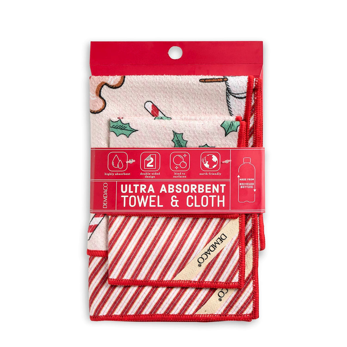 Pink & Red Holly Striped Absorbent Towel & Dish Cloth Set