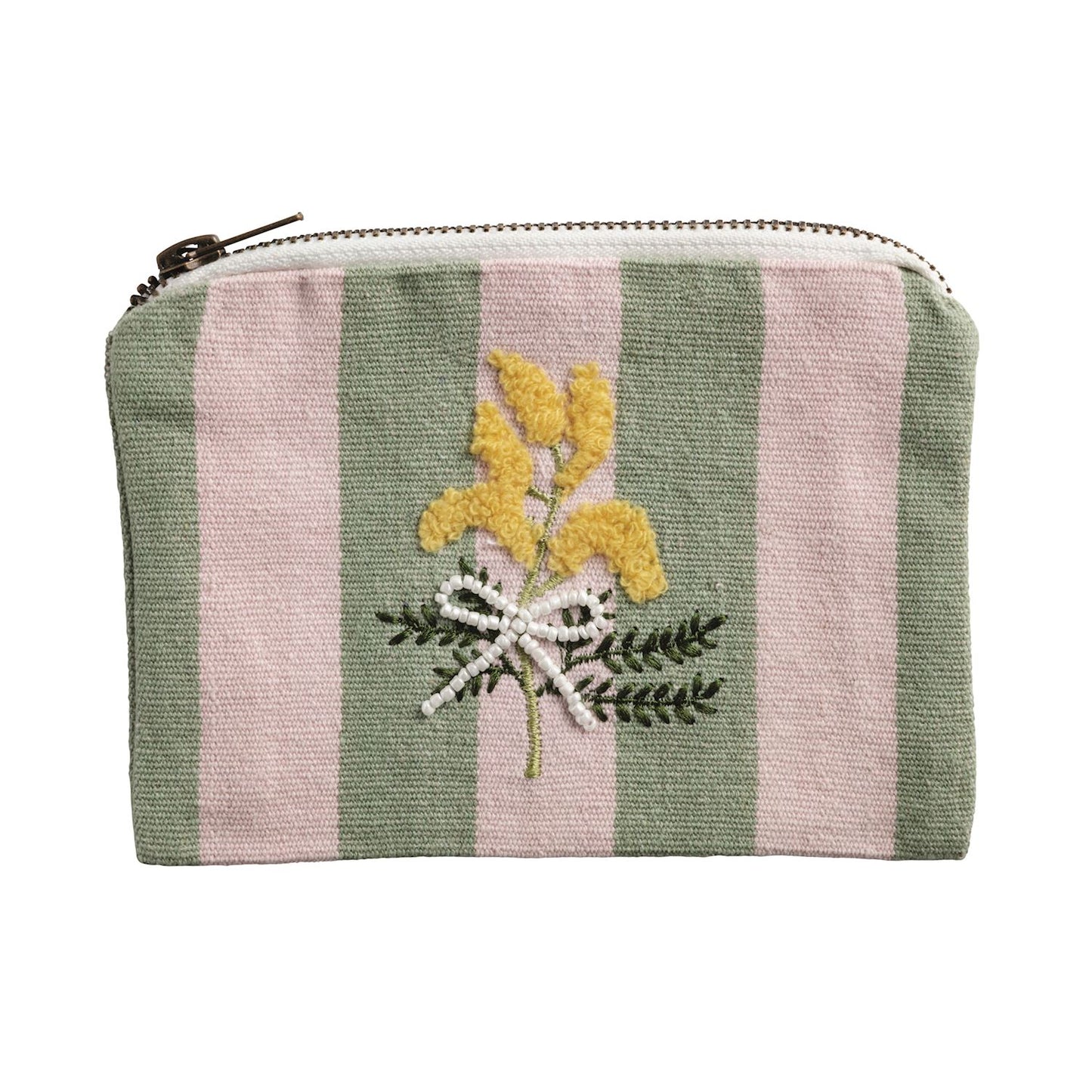 Pink Stripe Flower Embroidered Pouch