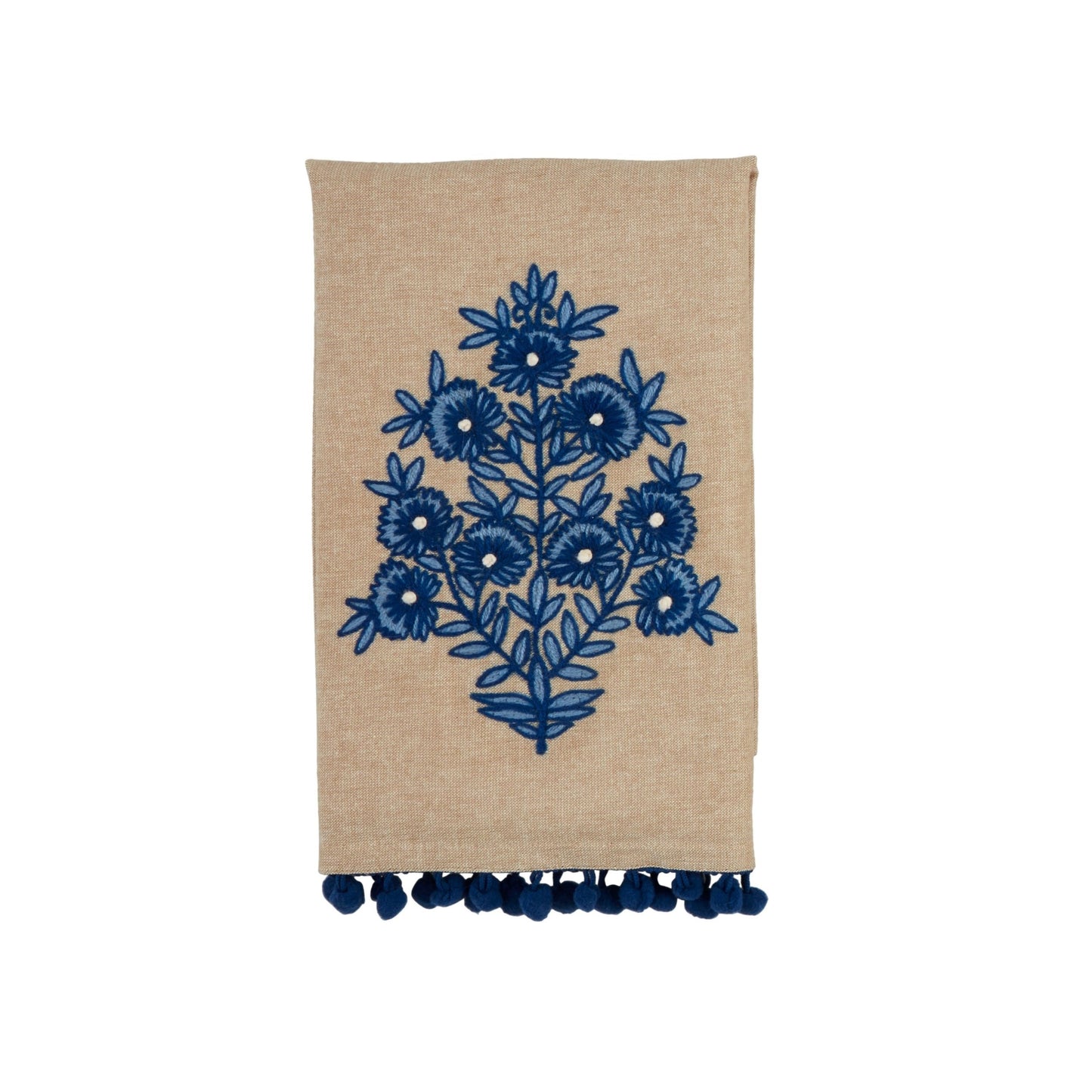 Blue Floral Embroidered Towel - Flower Stem