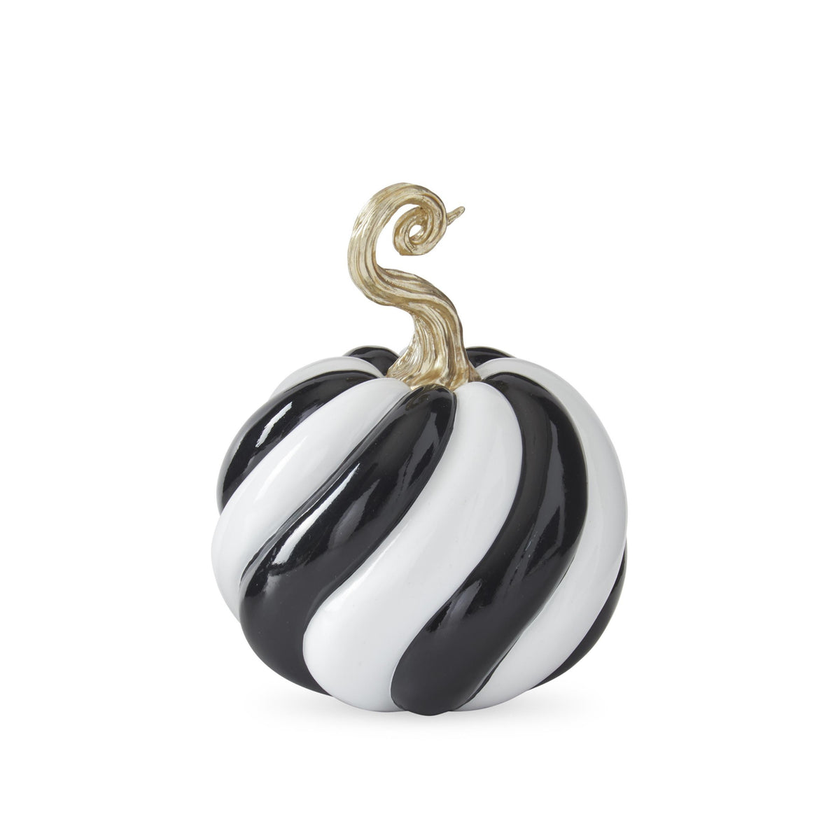 Glossy Black & White Spiraled Resin Pumpkins with Gold Stem