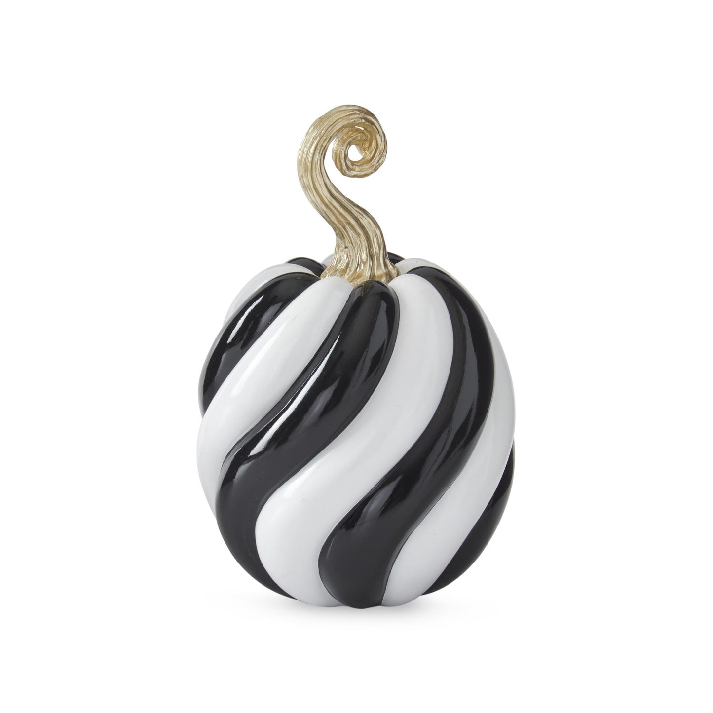 Glossy Black & White Spiraled Resin Pumpkins with Gold Stem