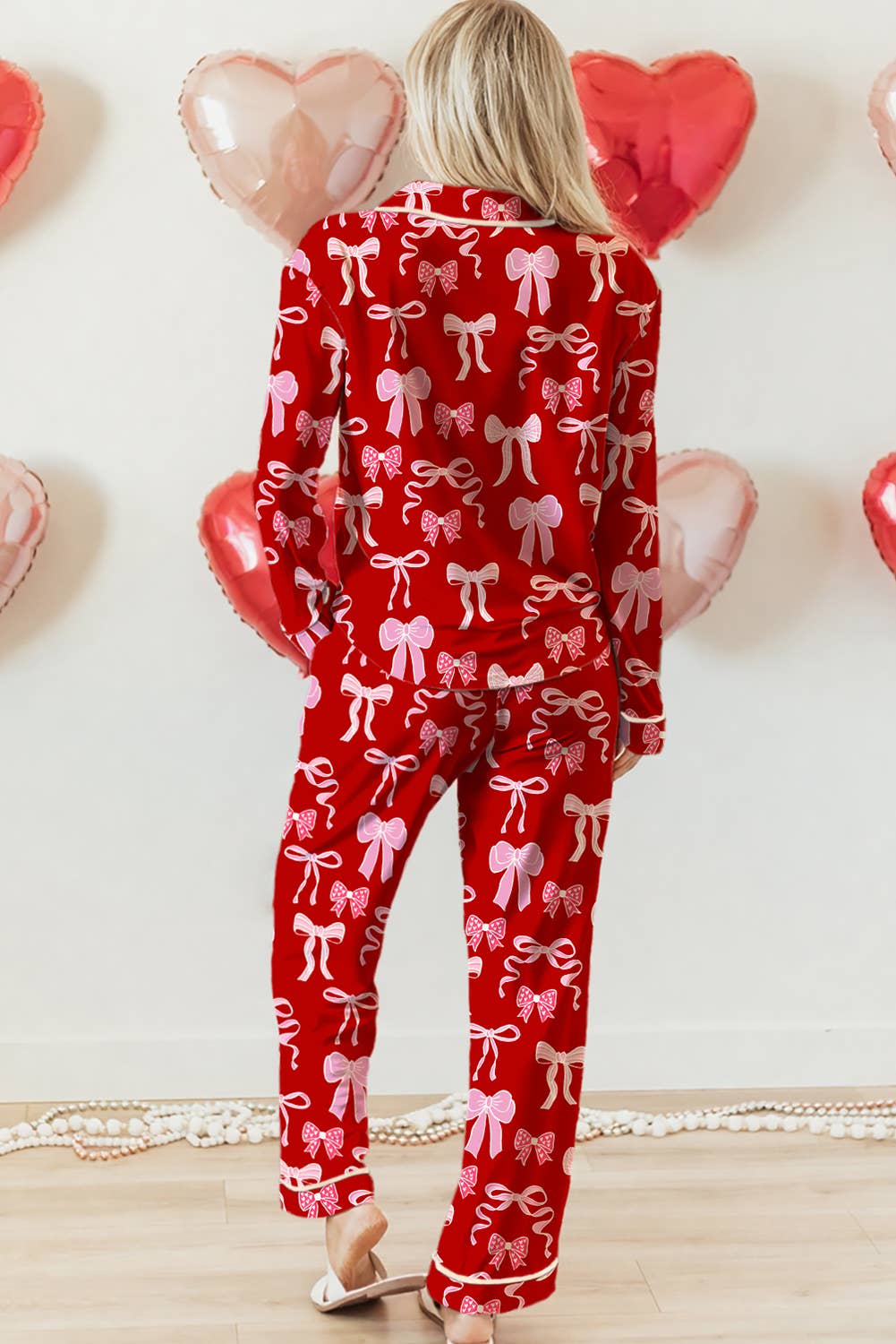 Red & Pink Bow Print Festival Pajama Set