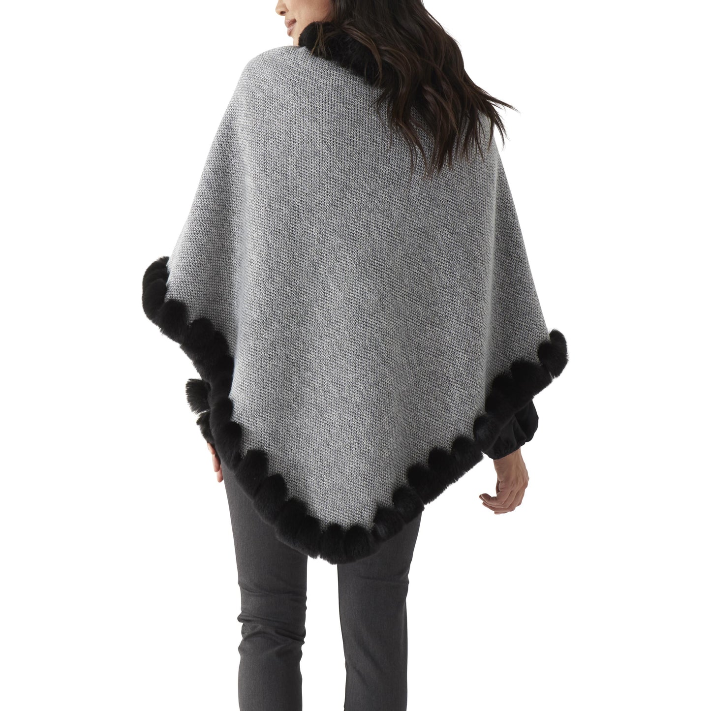 Gray Tweed Poncho with Faux Fur Lining & Trim