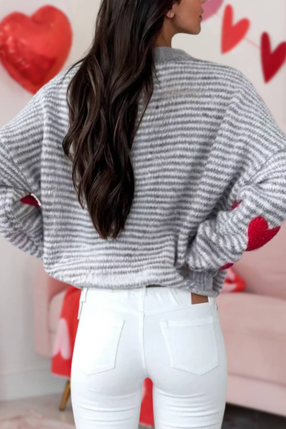 Stripe Contrast Heart Brush Knit Sweater
