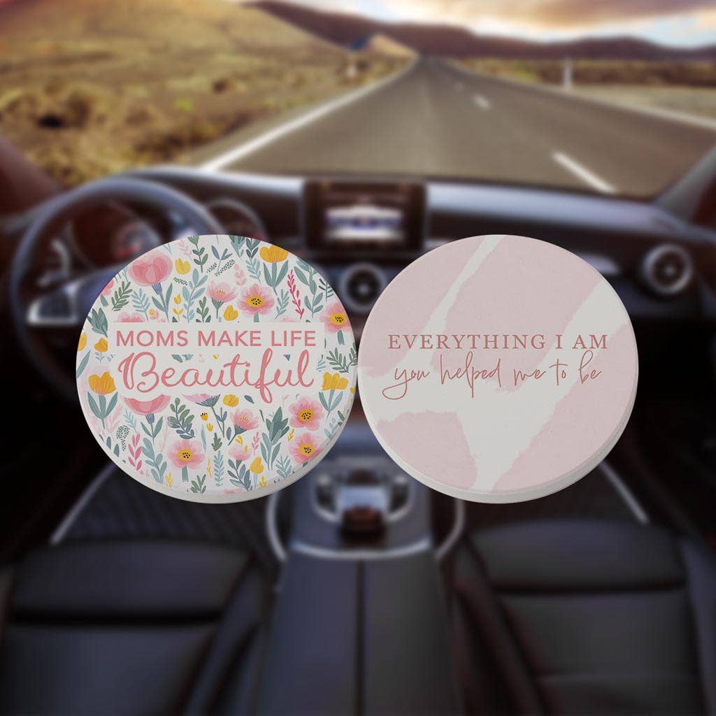 Floral Moms Make Life Beautiful Car Coaster Set
