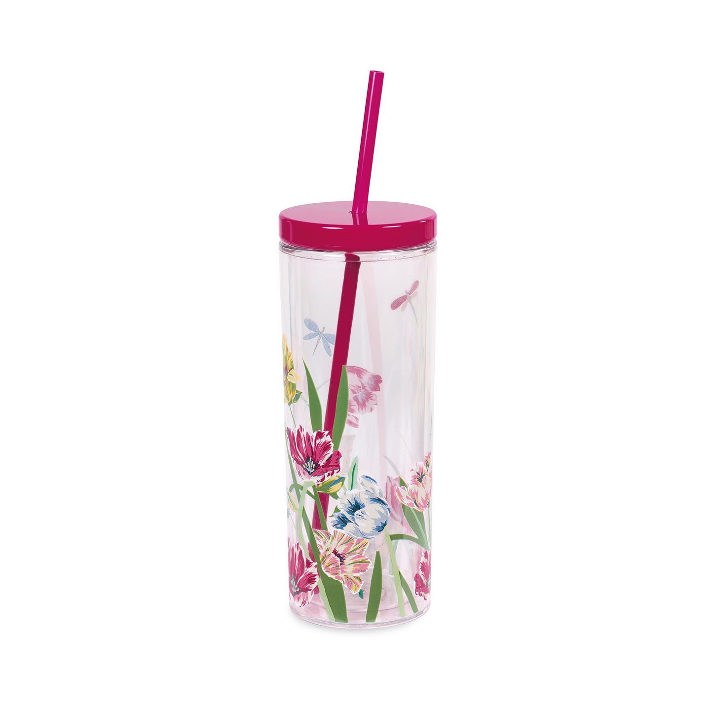 Acrylic Tumbler with Straw - Dragonflies and Tulips