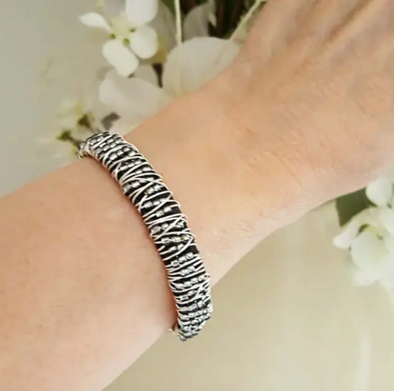 Wire Wrapped Silver Beaded Stacking Bracelet