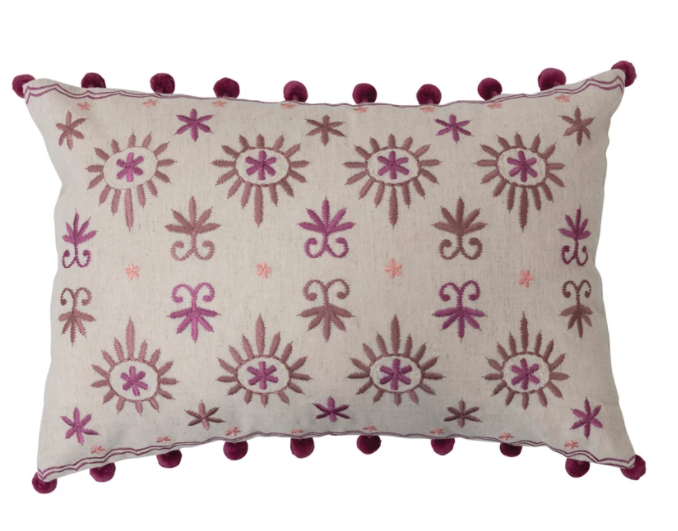 Cotton Linen Lumbar Pillow with Embroidery and Pom Poms