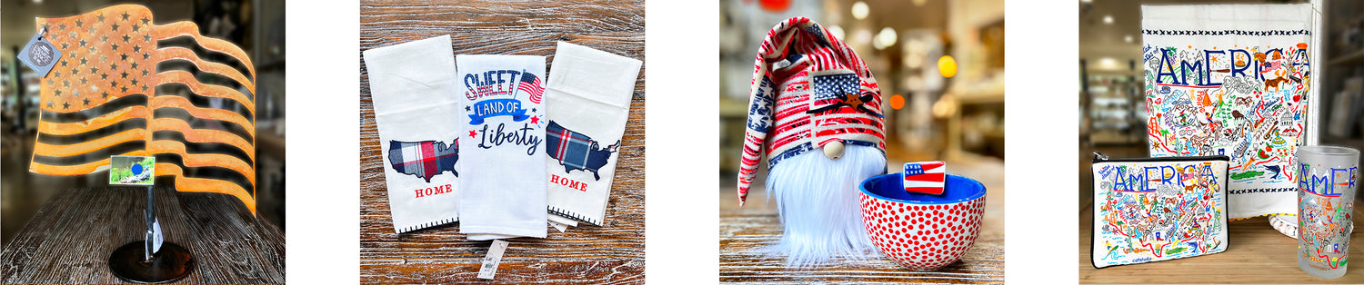 4th of July home decor featuring patriotic flags, themed towels, gnome decorations, and festive signs
