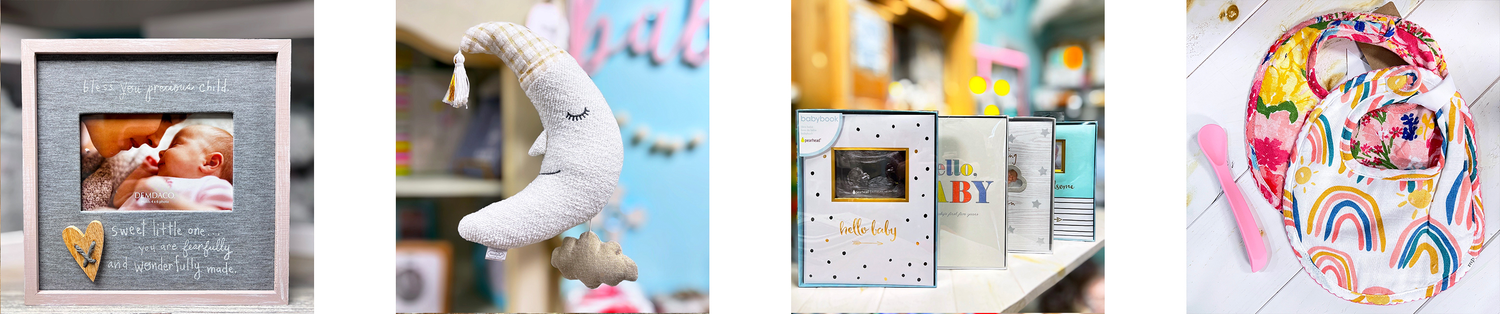Unique baby gifts collection featuring framed photo keepsakes, plush moon toys, personalized books, and colorful baby bibs