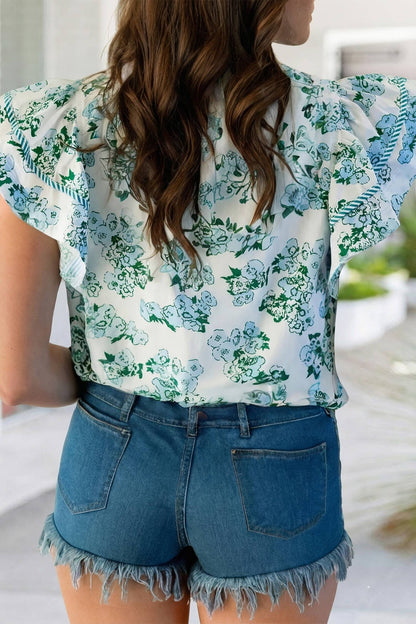 Floral Stripe V-Neck Flutter Sleeve Blouse