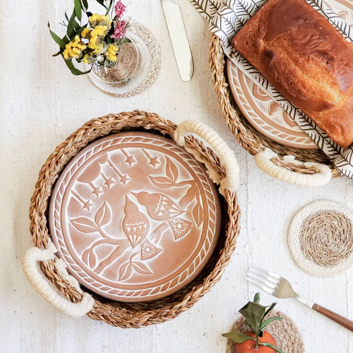 Round Handmade Bread Warmer & Wicker Basket - Lovebirds