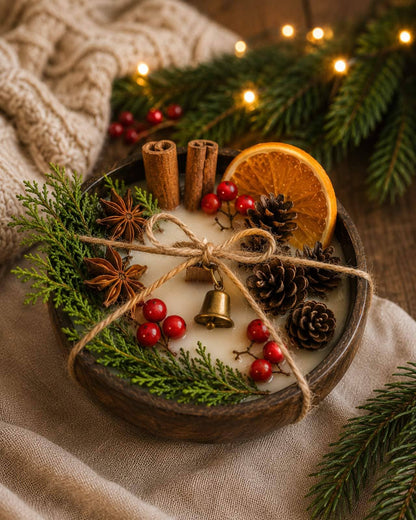 Christmas Wood Wick Candle in Wooden Bowl