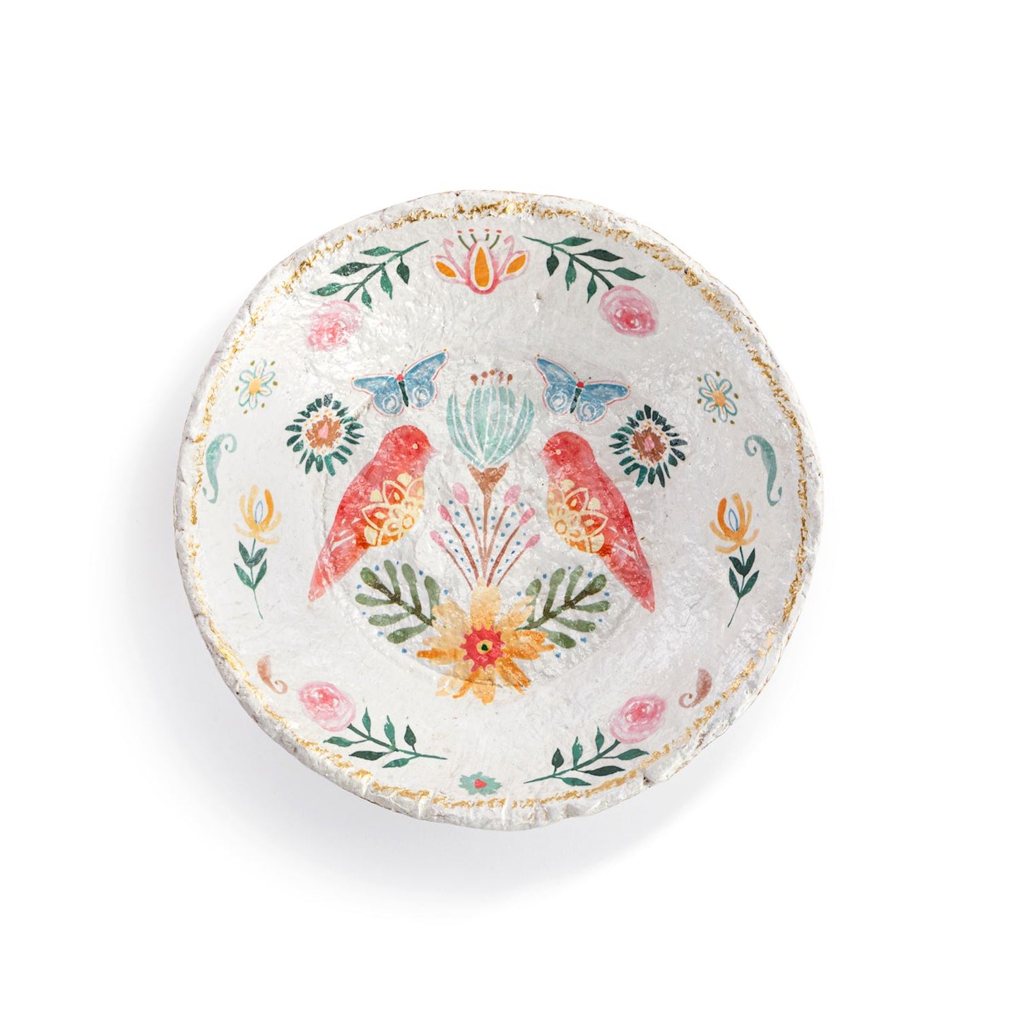 Paper Mache Coral Birds with Gold Rim Bowl