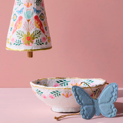 Paper Mache Coral Birds with Gold Rim Bowl