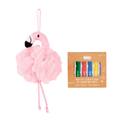 Flamingo Loofah & Bath Crayons Set