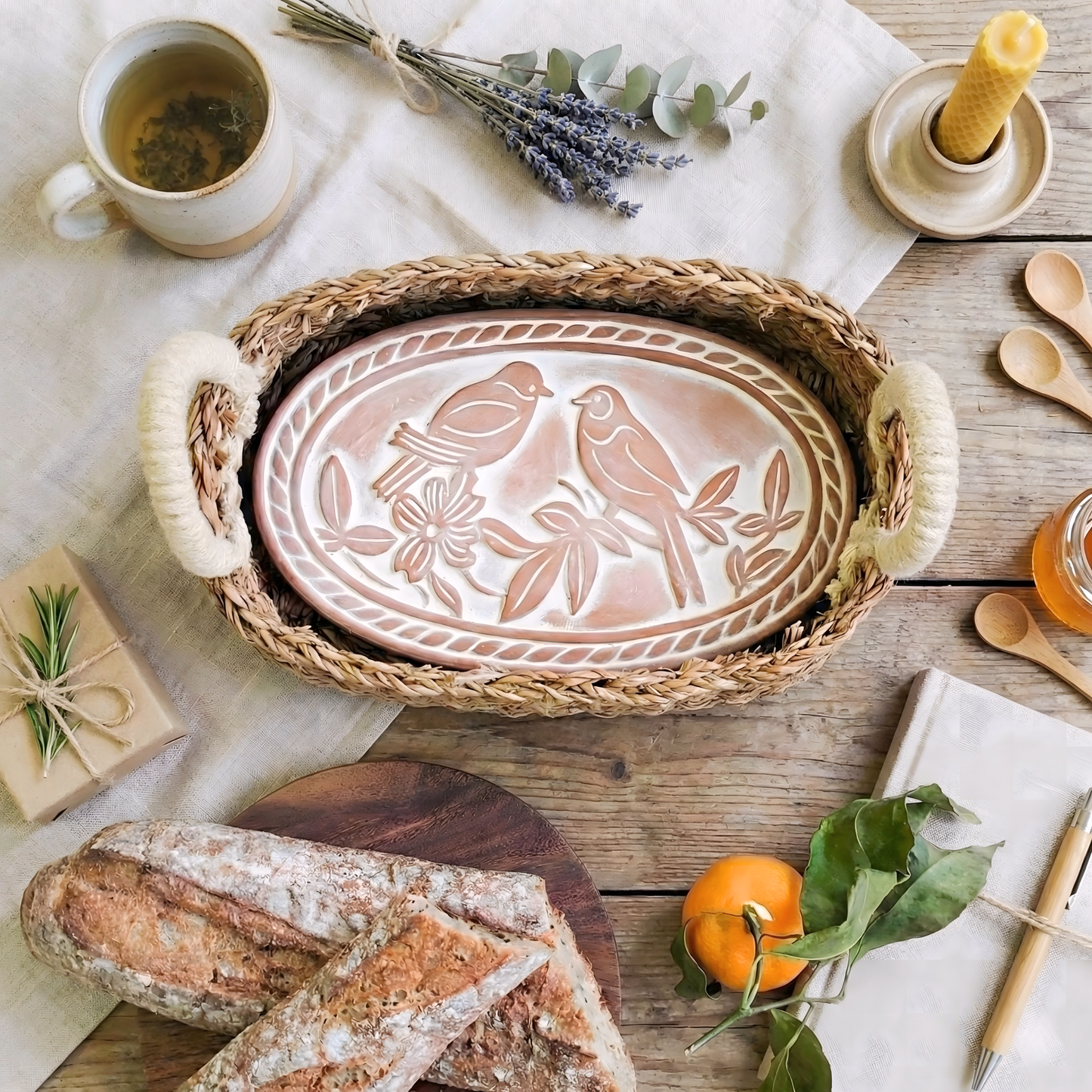 Oval Handmade Bread Warmer & Wicker Basket - Lovebirds