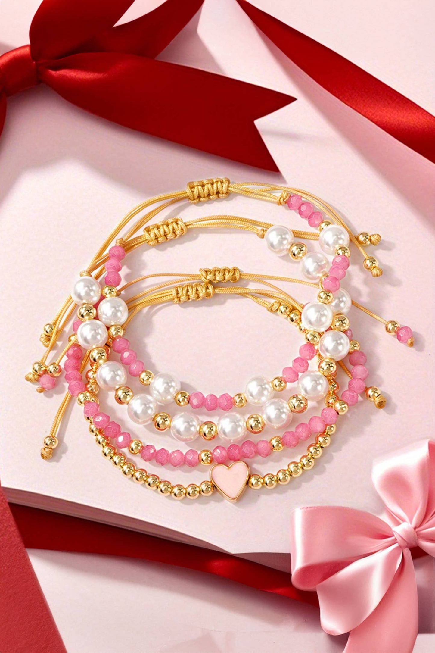 Valentine's Heart & Golden Beads Bracelet Set