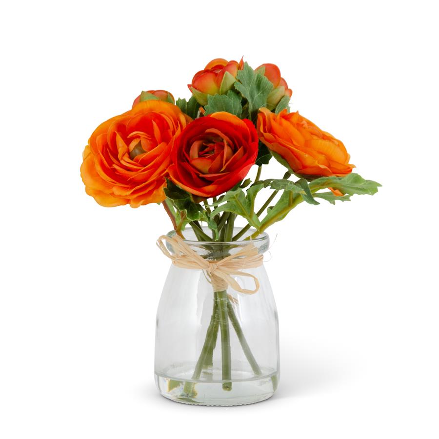 Faux Ranunculus Flowers in Glass Vase - Orange