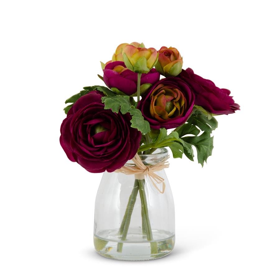 Faux Ranunculus Flowers in Glass Vase - Purple