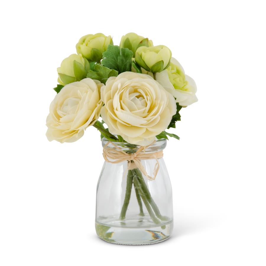 Faux Ranunculus Flowers in Glass Vase - White