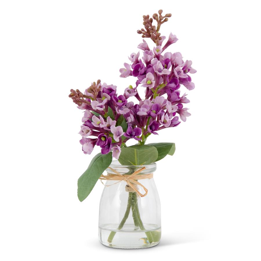 Faux Lilac Flowers in Glass Vase - Purple