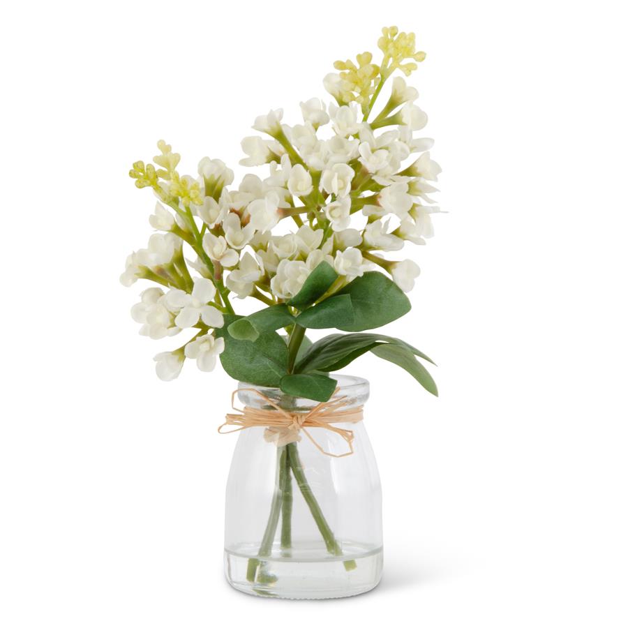 Faux Lilac Flowers in Glass Vase - White