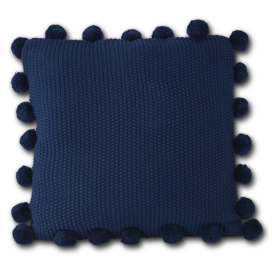 Dark Blue Moss Stitch Knit Pillow with Pompom Trim