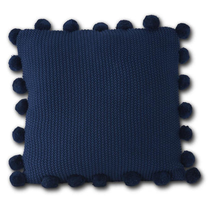 Dark Blue Moss Stitch Knit Pillow with Pompom Trim