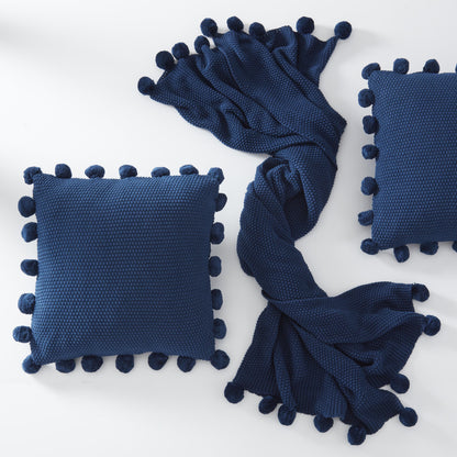 Dark Blue Moss Stitch Knit Pillow with Pompom Trim