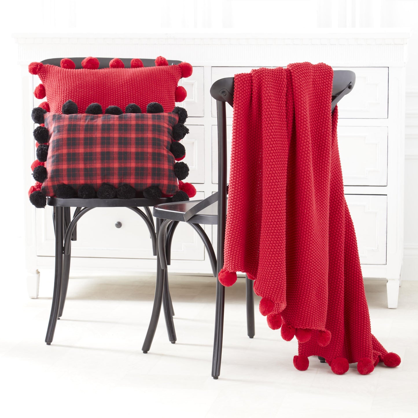 Red Moss Stitch Knit Pillow with Pompom Trim