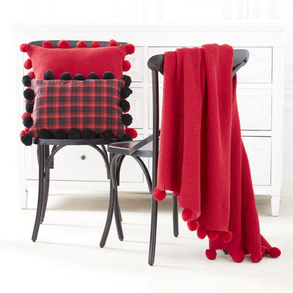 Red Moss Stitch Knit Pillow with Pompom Trim
