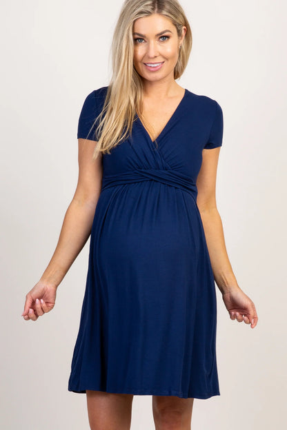 Navy Draped Front Maternity/Nursing Dress