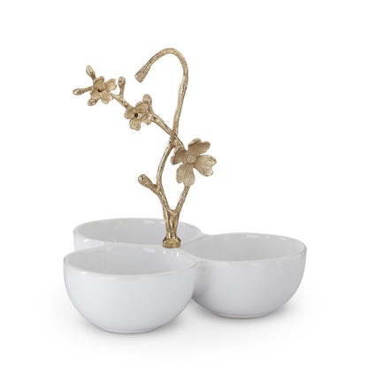 Triple Bowl Condiment Server & Gold Metal Floral Hand