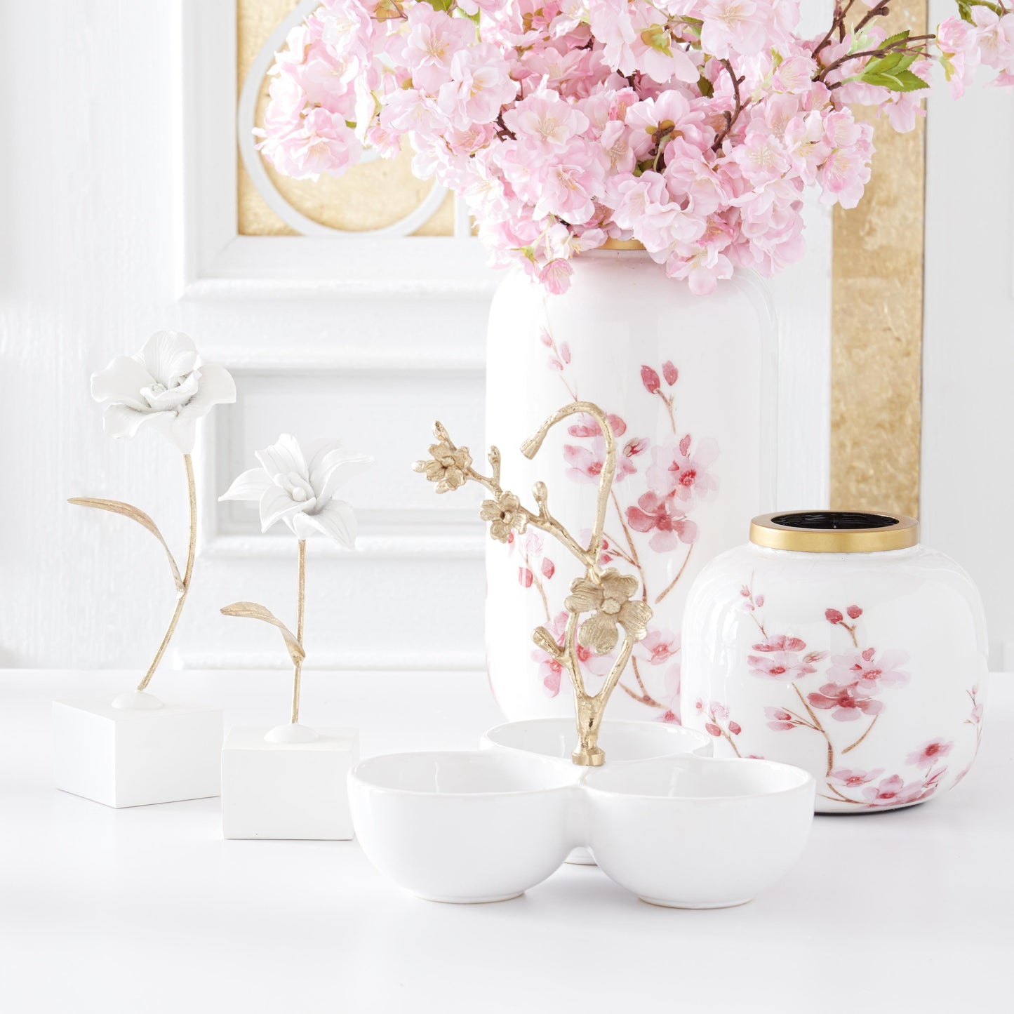 White Resin & Gold Metal Stem Flowers