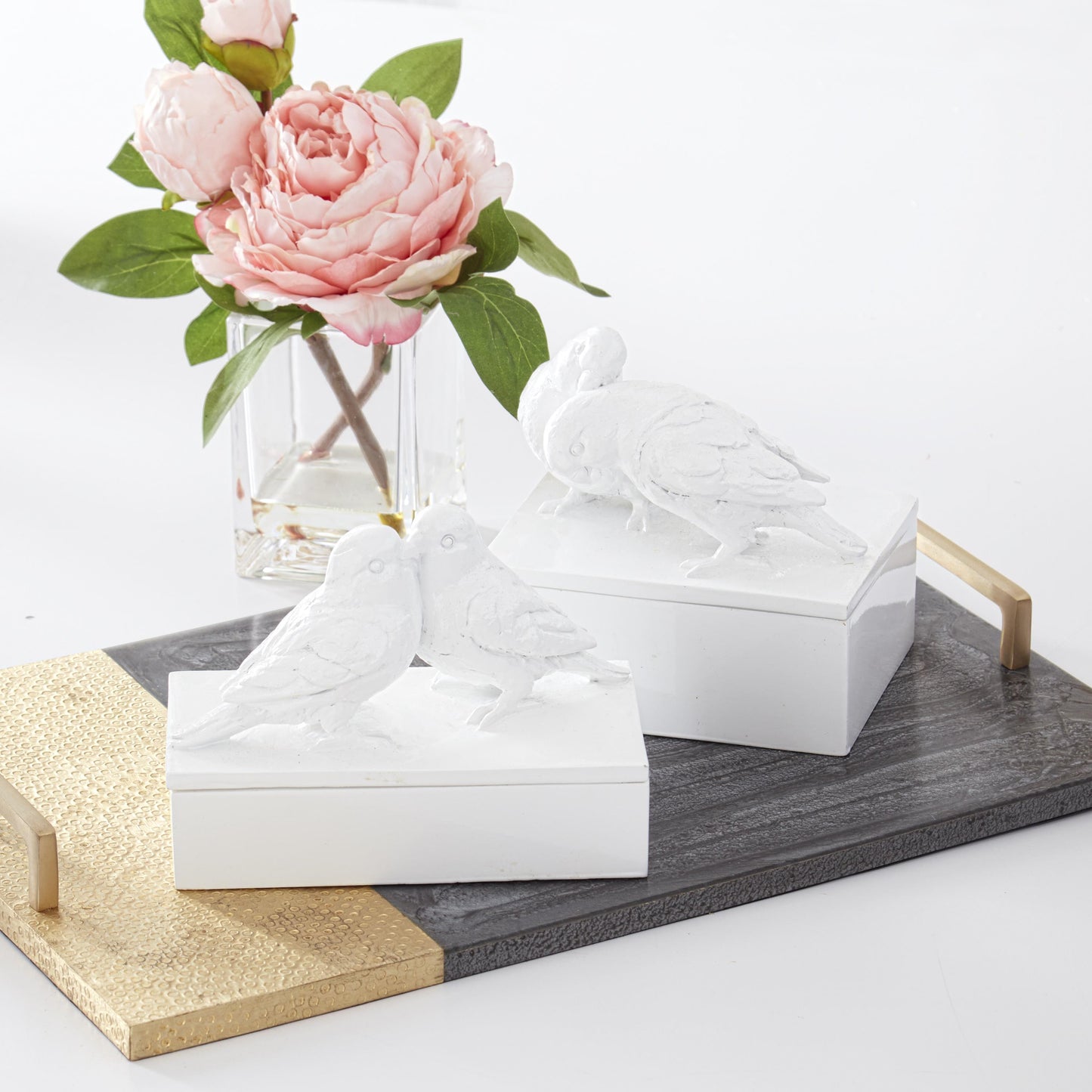 Glossy White Love Birds Lidded Box