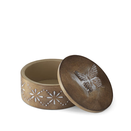 Round Brown Resin Lidded Container - Butterfly