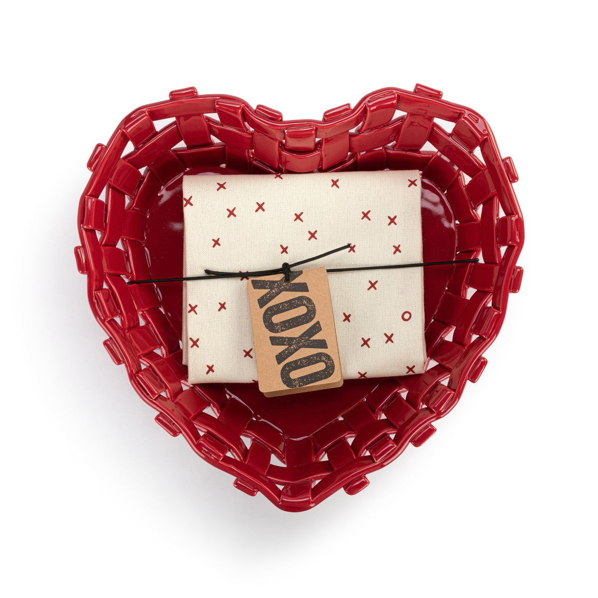 Ceramic Red Heart Bread Basket with Towel