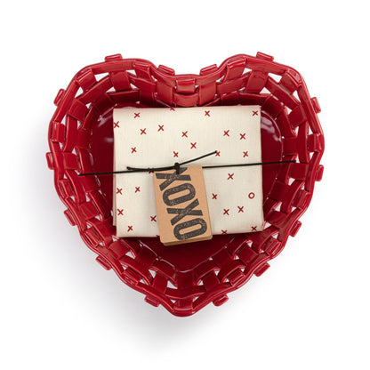 Ceramic Red Heart Bread Basket with Towel