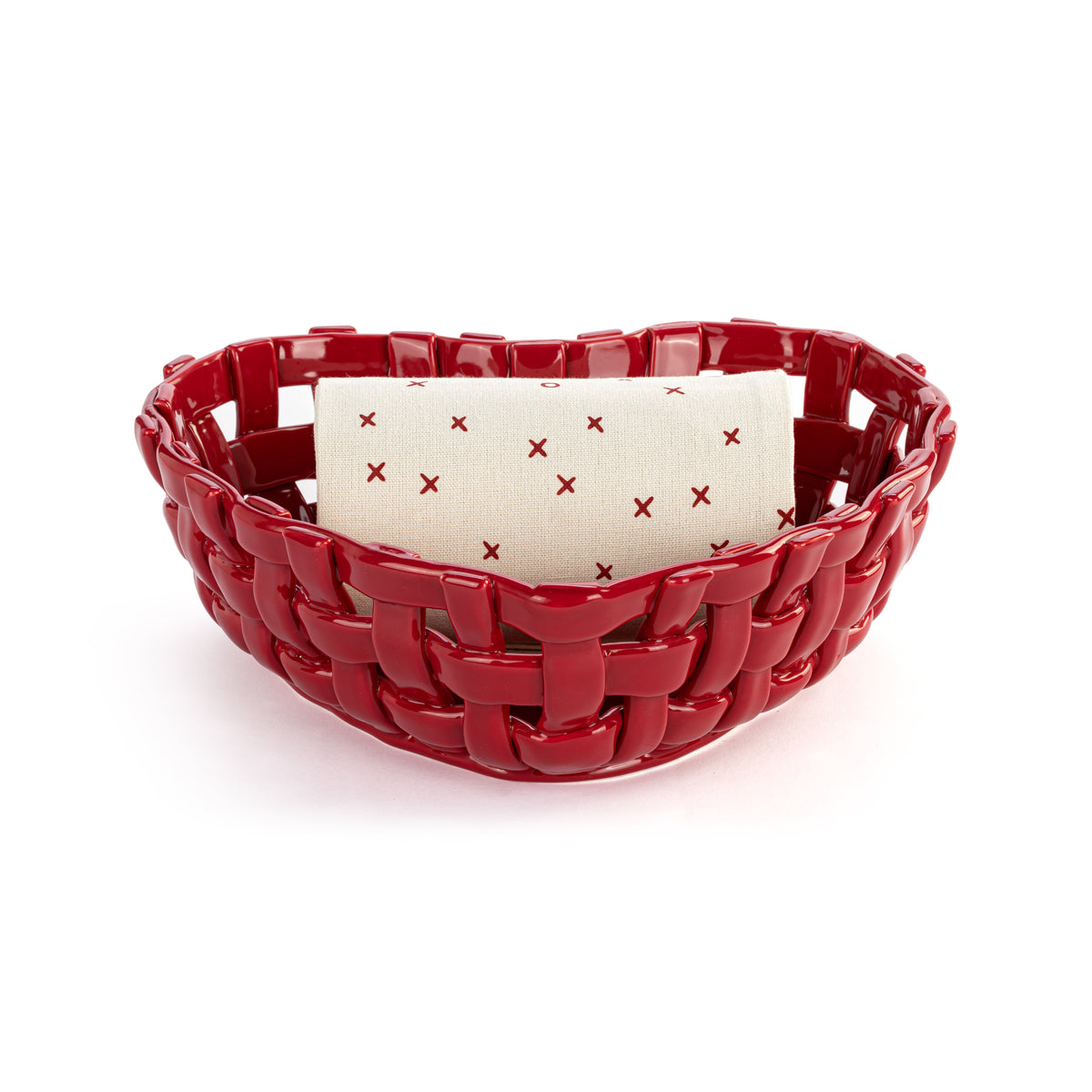 Ceramic Red Heart Bread Basket with Towel
