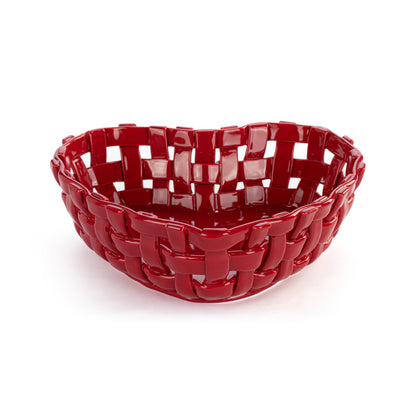 Ceramic Red Heart Bread Basket with Towel