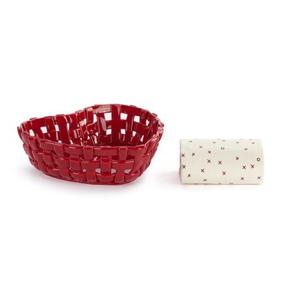 Ceramic Red Heart Bread Basket with Towel