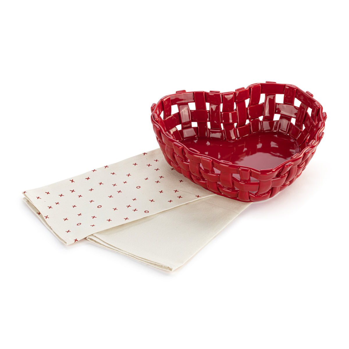 Ceramic Red Heart Bread Basket with Towel