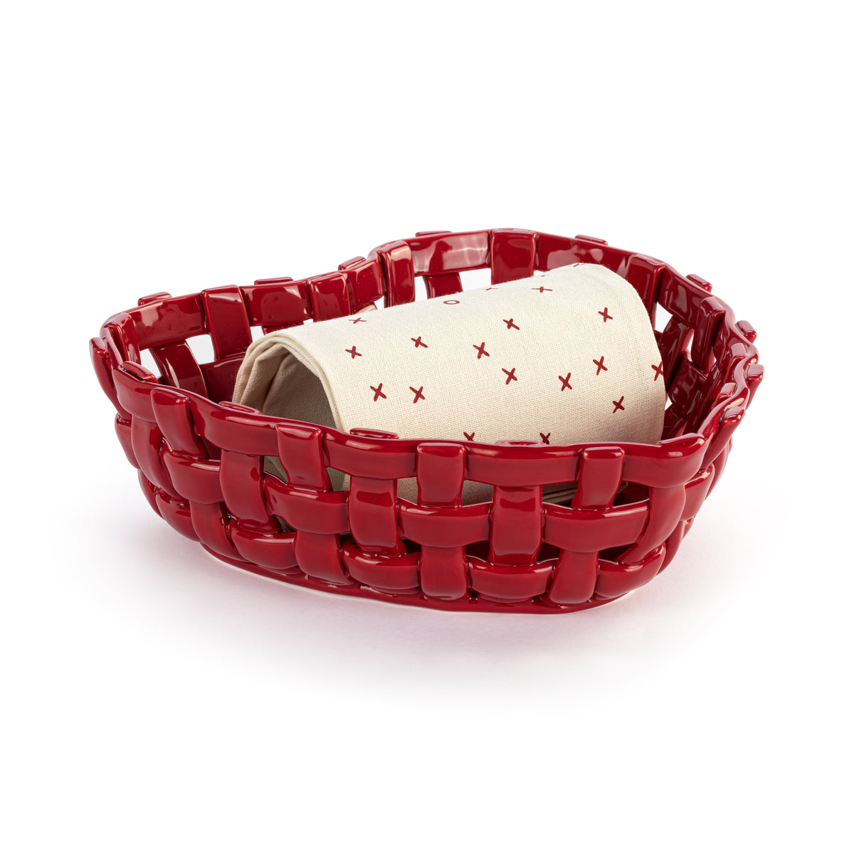 Ceramic Red Heart Bread Basket with Towel