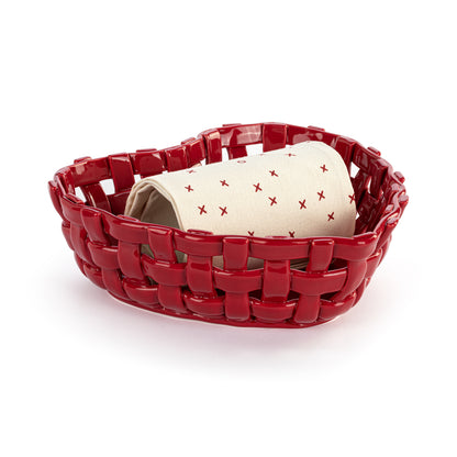 Ceramic Red Heart Bread Basket with Towel