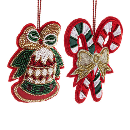 Candy Cane & Bell Red Beaded Ornament Set