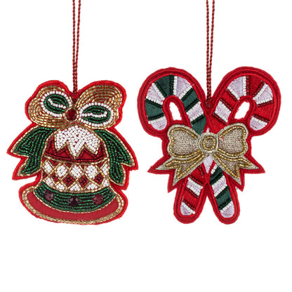 Candy Cane & Bell Red Beaded Ornament Set